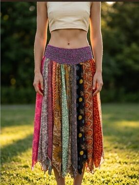 Smocked Multi-Panel pixie hankerchief hem Maxi Skirt  100% silk, twirl ready!